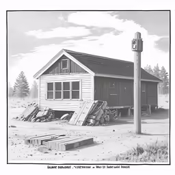 a drawing shows a house with multiple windows and a ramp next to it