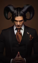 man in black suit with horns on his head and tie