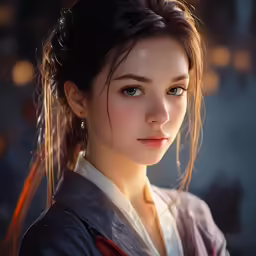 a female in a gray and red shirt and jacket
