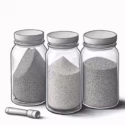 three jars containing sand with one small scoop next to the larger