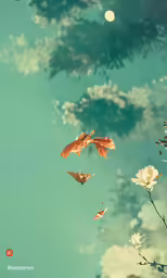 three butterflies are flying through the air over some flowers