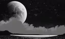 the moon in the night sky above some water,the moon is shown in the black and white photo