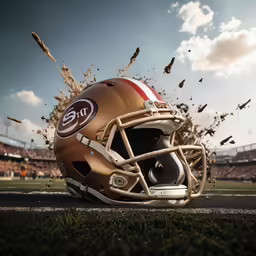 a football helmet that is flying around in the air