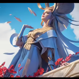 an animated illustration of a woman dressed like a warrior, standing above red flowers