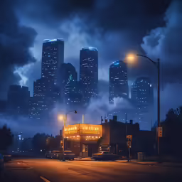 night lights are above a city skyline, as smoke rises from the sky