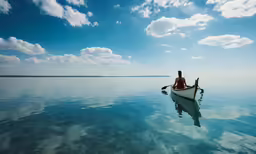 a person rowing on a white boat in calm water