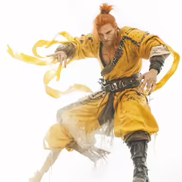a man in a yellow outfit with hair tied up to one side