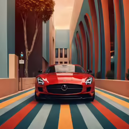 a red masera parked in front of a colorful building