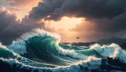 a bird flying in the air above an ocean wave,an ocean scene of the sun shining behind storm clouds