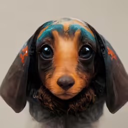 a dog with colorful blue and orange markings