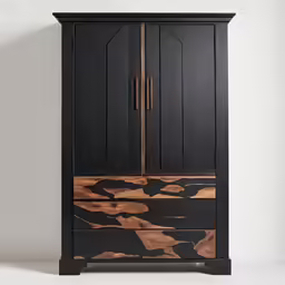 an artsy black armoire with wood and metal detailing