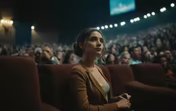 a woman is sitting in a movie theater