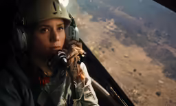 a female fighter pilot in a cockpit looks out the window of his plane