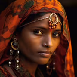 a woman in a head scarf and necklaces,a young woman in a colorful head piece