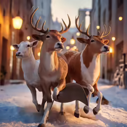 three reindeer with horns are standing on the snowy sidewalk