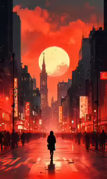 a man walking down a street with a sky background
