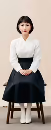 a woman sitting in front of a wooden chair
