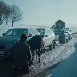 a horse stands in the middle of a snowy road while a couple parked on the side of a road