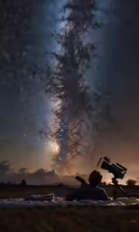 man sitting on a beanie while looking at the stars and milky