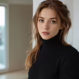 a close up of a woman with blonde hair wearing a black turtle neck sweater