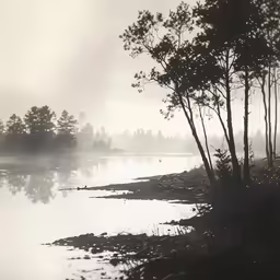 a lake near trees that are close to the water
