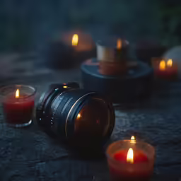 several candles burn near a camera and glass