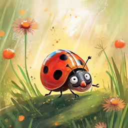 the lady bug is looking out into the sun,a ladybug walking around a field of grass and flowers
