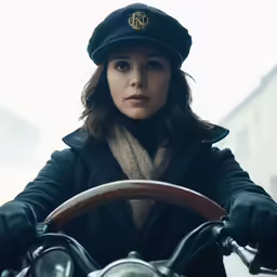a woman riding a motorcycle wearing a military hat