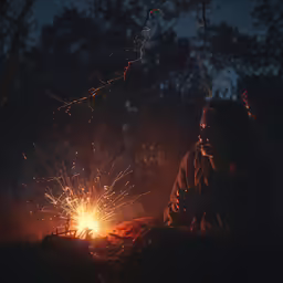 a person is sitting by a fire in the forest