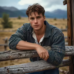 a young man leans against a fence in a field
