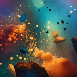 a group of rocks, sand and glitters floating in water