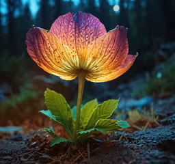a close up shot of a single flower on ground,a large flower that has rain drops on it