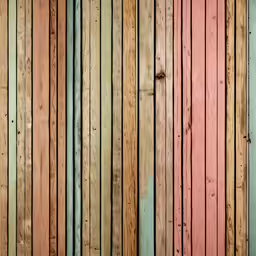 multicolored wood boards are lined up against a wall,old and faded wood panels painted multicolored