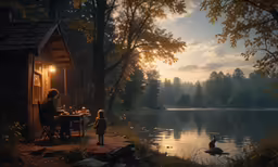 two people sit at a lake cottage and watch the sun set