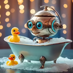 a robot doll bathtub with rubber rubber ducks