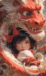 the young woman in the red and white costume is posed next to a large dragon