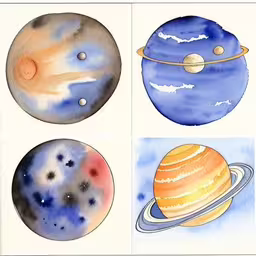 watercolored pictures of the solar system with colors,four pictures with a few different planets and the number on them