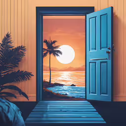 an open door to a sunset scene with a palm tree,an open door and a view of a sunset
