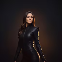 a beautiful woman in black leather posing for the camera