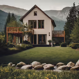 a large house sitting on the side of a lush green hillside