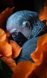 a man with white hair and black skin surrounded by orange flowers