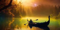 a person is rowing a canoe on the lake,a man is paddling his canoe in the calm water