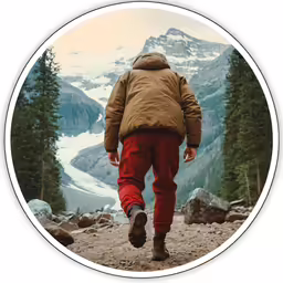 a man walks on a rocky cliff overlooking a snowy mountain