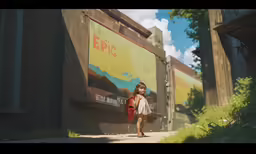 a woman walks down a path near a building
