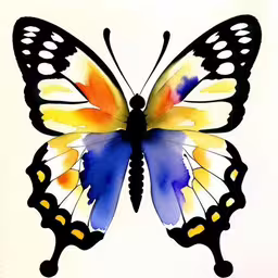 watercolor illustration of a colorful butterfly,watercolor painting with butterfly and color wheel pattern,a picture of a butterfly painted in watercolor,a watercolor painting of a multi colored butterfly,watercolor art work of a butterfly in orange and blue