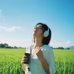 a young woman listens to music in a field