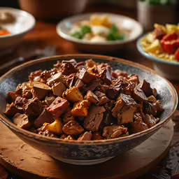 a bowl filled with chunks of tofu on top of a wooden table