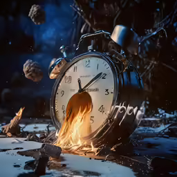 an alarm clock and burning candles are featured in a still image