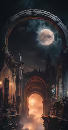 a full moon rises above a cityscape and the lights shine