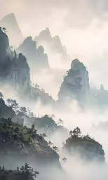 an image of fog in the mountains on a sunny day